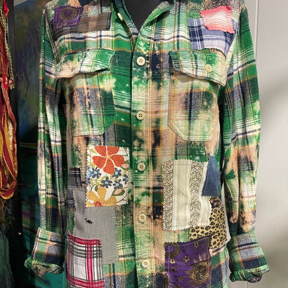 UpcycledAeropostale Green Plaid Bleached Flannel Denim Vintage Fabric Patchwork - Picture 2 of 8